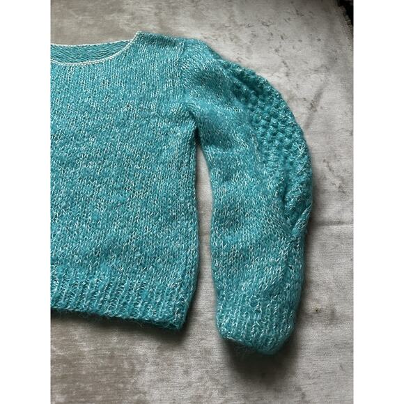 Vintage mohair Blend Sweater Woman Crew Blue Teal Turquoise White Wide Sleeves - Picture 6 of 16